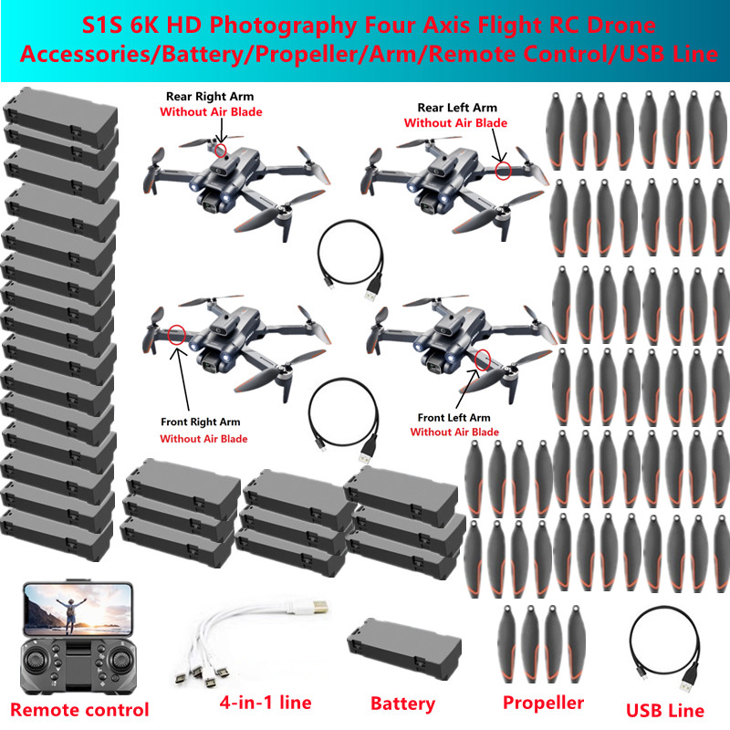 Drone Rc S1S - อะไหล่โดรน S1S 6K HD สำหรับถ่ายภาพ โดรนบังคับวิทยุแบบสี่แกน/แบตเตอรี่/ใบพัด/แขน/รีโมทคอนโทรล/สาย